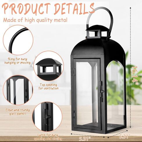 16 "طويل القامة خمر شمعة فانوس ديكور داخلي في الهواء الطلق، فانوس معدني أسود إعصار فانوس مع لوحات زجاجية شفافة للطاولة، عباءة، شرفة أمامية أرضية، ديكور فانوس زفاف عيد الهالوين in Kuwait