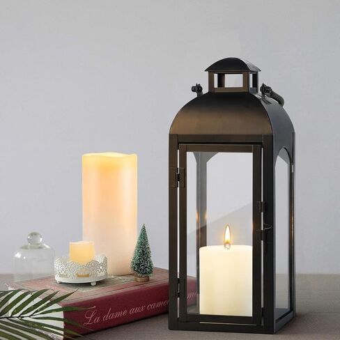 16 "طويل القامة خمر شمعة فانوس ديكور داخلي في الهواء الطلق، فانوس معدني أسود إعصار فانوس مع لوحات زجاجية شفافة للطاولة، عباءة، شرفة أمامية أرضية، ديكور فانوس زفاف عيد الهالوين in Kuwait