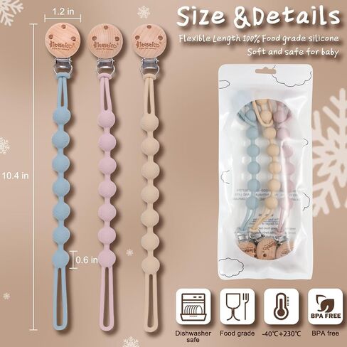 Kitastico Baby Pacifier Clips, 3 Pack Silicone Pacifier Holder for Boy&Girl, Snowflakes and Cedars Wooden Clip in Saudi Arabia
