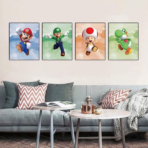 مجموعة لوحات فنية مطبوعة من سوبر ماريو لتزيين غرفة الالعاب واعياد الميلاد مكونة من 4 قطع (صورة قماشية 8 انش × 10 انش)، بدون اطار in Kuwait