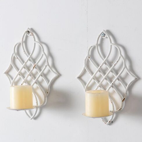 SOFE Distressed White Wall Candle Holders Decorative Set of 2, Wrought Iron Wall Candle Sconce, Farmhouse Hanging Candle Holder for Pillar Candle, Wall Art Metal for Living Room in Saudi Arabia