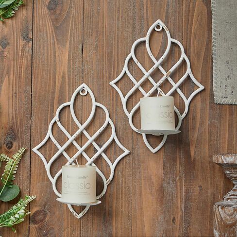 SOFE Distressed White Wall Candle Holders Decorative Set of 2, Wrought Iron Wall Candle Sconce, Farmhouse Hanging Candle Holder for Pillar Candle, Wall Art Metal for Living Room in Saudi Arabia