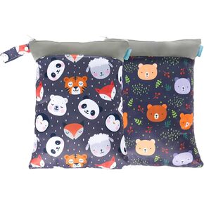 MOMIGO 2 pcs/set Wet Dry Bags for Baby Cloth Diapers - Reusable, Washable for Stroller, Diapers, Toiletries, Travel Bags, Beach, Pool, Gym Bag with Two Zippered Pockets 11.8 * 15.7 inch (Animal)