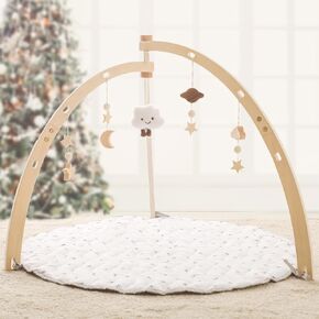 Wooden Baby Play Gym with Playmat & 4 PCS Bunny Toys, Foldable Baby Activity Gym Frame Activity Gym Hanging Bar Gray Cottion Baby Play Mat Newborn Gift for Baby Girl and Boy