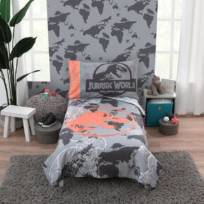 Universal Jurassic World Into The Wild Grey, White, Orange and Aqua T. Rex 4 Piece Toddler Bed Set - Comforter, Fitted Bottom Sheet, Flat Top Sheet and Reversible Pillowcase in Kuwait
