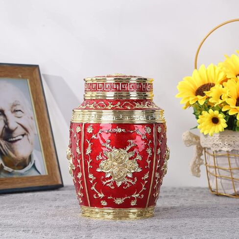 جرة Youdear Memorials المتوسطة للرماد البشري - جرة حرق الورد لأم الرماد البشرية - الجرار للرماد البشري الأم الأنثوية تحمل 70 بوصة مكعبة من الرماد - مناسبة للطفل أو الفتاة المفقودة (الذهبي والأحمر) in Saudi Arabia