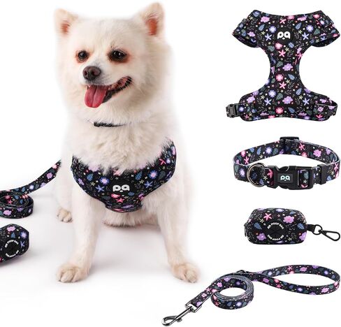QQPETS Dog Harness Collar Leash with Poop Bag Holder 4 PCS Set, Adjustable No Pull Soft Mesh Padded Vest for Small Medium Large Pet Puppy Outdoor Walking (Floral Black, XS (Chest 12.1"-18.9")) in Saudi Arabia