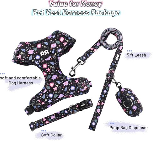 QQPETS Dog Harness Collar Leash with Poop Bag Holder 4 PCS Set, Adjustable No Pull Soft Mesh Padded Vest for Small Medium Large Pet Puppy Outdoor Walking (Floral Black, XS (Chest 12.1"-18.9")) in Saudi Arabia