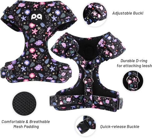 QQPETS Dog Harness Collar Leash with Poop Bag Holder 4 PCS Set, Adjustable No Pull Soft Mesh Padded Vest for Small Medium Large Pet Puppy Outdoor Walking (Floral Black, XS (Chest 12.1"-18.9")) in Saudi Arabia