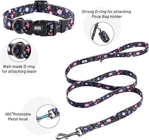 QQPETS Dog Harness Collar Leash with Poop Bag Holder 4 PCS Set, Adjustable No Pull Soft Mesh Padded Vest for Small Medium Large Pet Puppy Outdoor Walking (Floral Black, XS (Chest 12.1"-18.9")) in Saudi Arabia