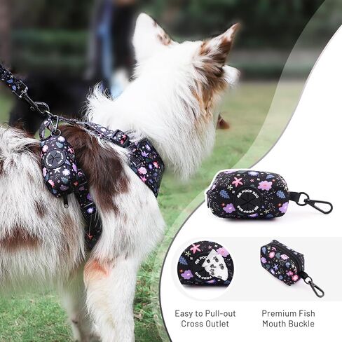 QQPETS Dog Harness Collar Leash with Poop Bag Holder 4 PCS Set, Adjustable No Pull Soft Mesh Padded Vest for Small Medium Large Pet Puppy Outdoor Walking (Floral Black, XS (Chest 12.1"-18.9")) in Saudi Arabia