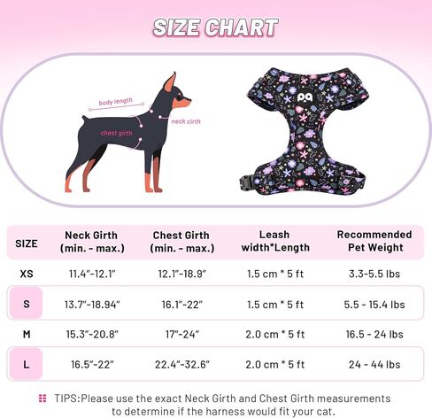 QQPETS Dog Harness Collar Leash with Poop Bag Holder 4 PCS Set, Adjustable No Pull Soft Mesh Padded Vest for Small Medium Large Pet Puppy Outdoor Walking (Floral Black, XS (Chest 12.1"-18.9")) in Saudi Arabia