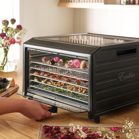 سلسلة أداء مجفف الطعام الكهربائي Excalibur 10 صينية مع تحكم في درجة الحرارة قابل للتعديل يتضمن صواني تجفيف من الفولاذ المقاوم للصدأ وباب زجاجي ونافذة عرض علوية وشريط تقدم شاشة LED، أسود in Kuwait