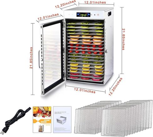 مجفف الطعام Iproods 18 صينية من الفولاذ المقاوم للصدأ، آلة تجفيف الطعام لحوم البقر واللحوم والخضروات والفواكه، مع 86-194 درجة فهرنهايت قابلة للتعديل والتحكم في الوقت الرقمي من 0 إلى 24 ساعة، فضي in Kuwait