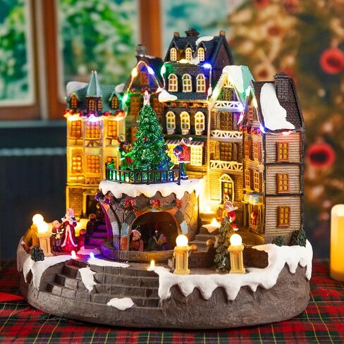 Vipush Christmas Village House - Christmas Collectible Building with Moving Christmas Tree, Christmas Musical Decoration, 3*AAA Powered Holiday Lights for Indoor/Home/Tabletop/Party Gift in Kuwait