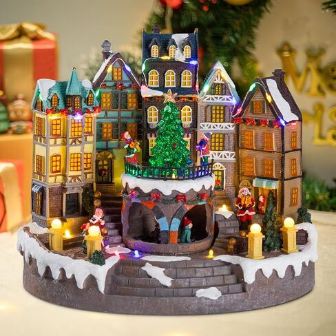 Vipush Christmas Village House - Christmas Collectible Building with Moving Christmas Tree, Christmas Musical Decoration, 3*AAA Powered Holiday Lights for Indoor/Home/Tabletop/Party Gift in Kuwait