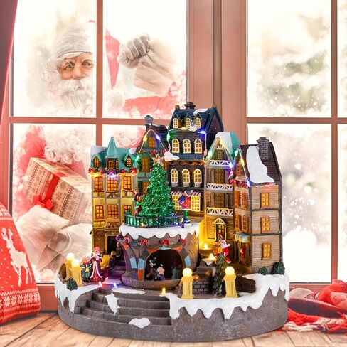 Vipush Christmas Village House - Christmas Collectible Building with Moving Christmas Tree, Christmas Musical Decoration, 3*AAA Powered Holiday Lights for Indoor/Home/Tabletop/Party Gift in Kuwait