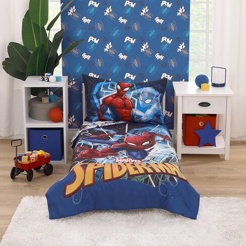 NoJo Marvel Spiderman Spidey and his Amazing Friends Spidey Time Red, Blue, and Grey 4 Piece Toddler Bed Set - Comforter, Fitted Bottom Sheet, Flat Top Sheet, and Reversible Pillowcase in Saudi Arabia