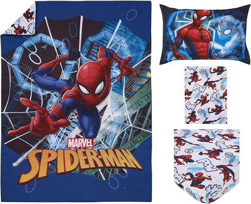NoJo Marvel Spiderman Spidey and his Amazing Friends Spidey Time Red, Blue, and Grey 4 Piece Toddler Bed Set - Comforter, Fitted Bottom Sheet, Flat Top Sheet, and Reversible Pillowcase in Saudi Arabia