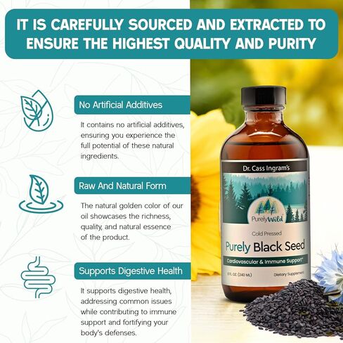 زيت الحبة السوداء النقي - تم تركيبه بواسطة دكتور كاس إنجرام ويحتوي على زيوت أساسية من الحبة السوداء المضغوطة على البارد - مكملات غذائية لزيت عباد الشمس لدعم المناعة وصحة الجهاز الهضمي - 8 أونصة سائلة in Kuwait
