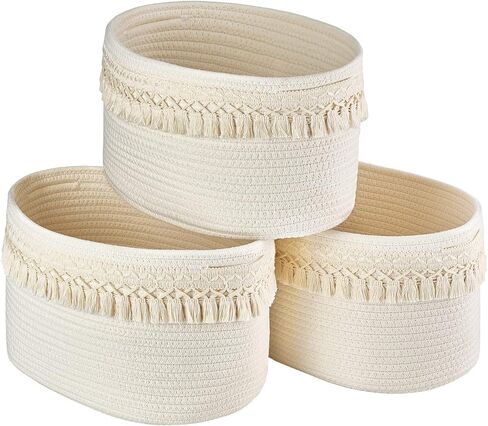 Mkono 3 Pack Storage Baskets Bins for Shelves Boho Toys Organizer Decor Small White Woven Cotton Rope Basket with Macrame Tassels Books Towel Storage for Bedroom Nursery Living Room, 13" x 8.6" x 7.8" in Saudi Arabia