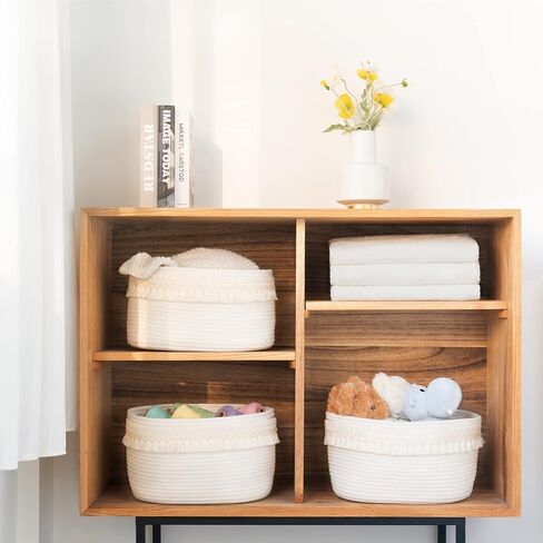 Mkono 3 Pack Storage Baskets Bins for Shelves Boho Toys Organizer Decor Small White Woven Cotton Rope Basket with Macrame Tassels Books Towel Storage for Bedroom Nursery Living Room, 13" x 8.6" x 7.8" in Saudi Arabia