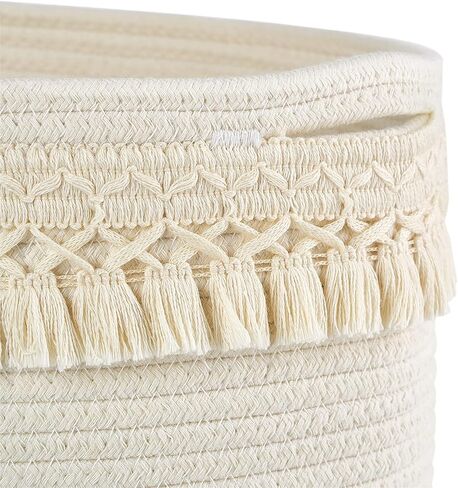 Mkono 3 Pack Storage Baskets Bins for Shelves Boho Toys Organizer Decor Small White Woven Cotton Rope Basket with Macrame Tassels Books Towel Storage for Bedroom Nursery Living Room, 13" x 8.6" x 7.8" in Saudi Arabia