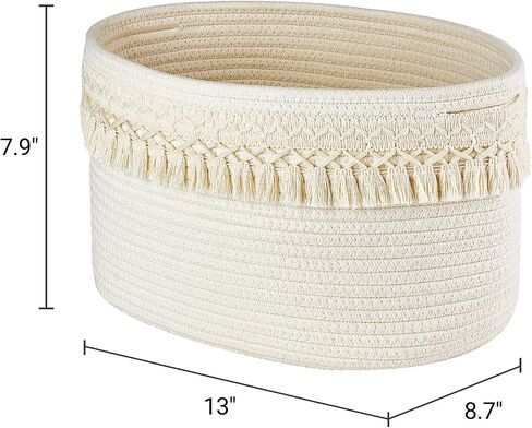 Mkono 3 Pack Storage Baskets Bins for Shelves Boho Toys Organizer Decor Small White Woven Cotton Rope Basket with Macrame Tassels Books Towel Storage for Bedroom Nursery Living Room, 13" x 8.6" x 7.8" in Saudi Arabia