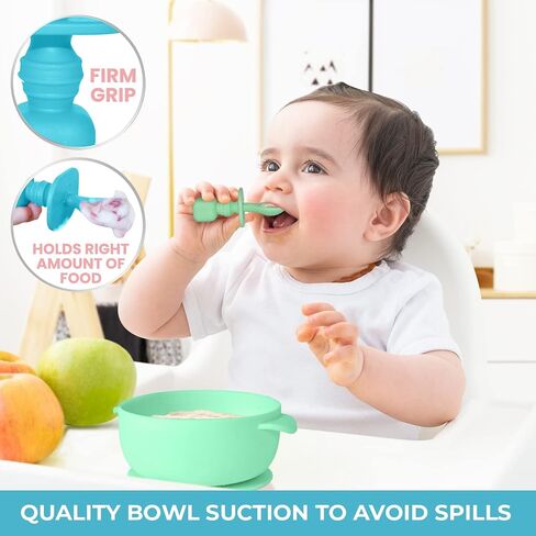 وعاء أطفال بالشفط من السيليكون مع غطاء - خالٍ من مادة BPA - سيليكون صالح للطعام بنسبة 100% - تغذية ذاتية للرضع والأطفال الصغار (أزرق/أخضر) in Kuwait