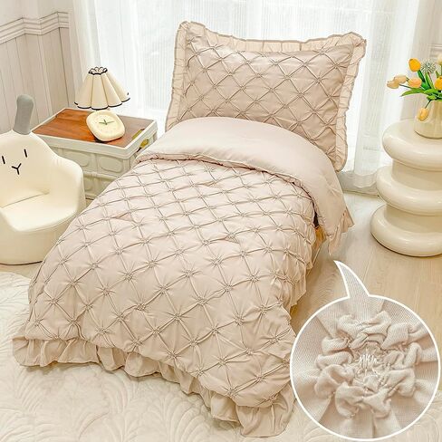 VIVILINEN طقم سرير للأطفال الصغار للفتيات مكون من 4 قطع من 4 قطع باللون الأخضر المريمية وطيات مكشكشة ثلاثية الأبعاد مزهرة بينتاك لسرير الأطفال الصغار طقم ملاءات سرير في حقيبة مع هامش كشكش in Kuwait