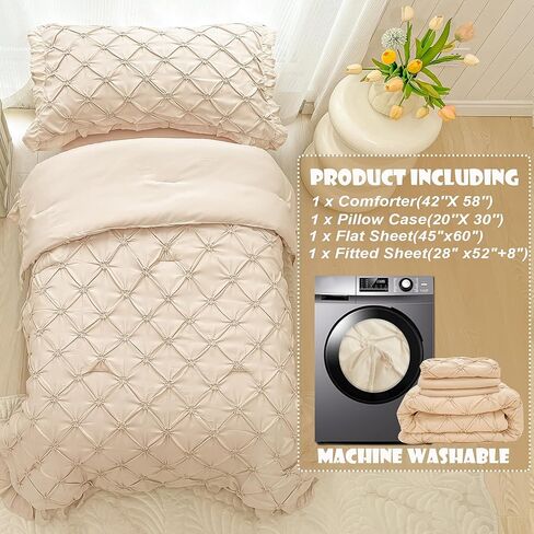 VIVILINEN طقم سرير للأطفال الصغار للفتيات مكون من 4 قطع من 4 قطع باللون الأخضر المريمية وطيات مكشكشة ثلاثية الأبعاد مزهرة بينتاك لسرير الأطفال الصغار طقم ملاءات سرير في حقيبة مع هامش كشكش in Kuwait