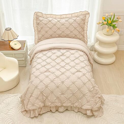 VIVILINEN طقم سرير للأطفال الصغار للفتيات مكون من 4 قطع من 4 قطع باللون الأخضر المريمية وطيات مكشكشة ثلاثية الأبعاد مزهرة بينتاك لسرير الأطفال الصغار طقم ملاءات سرير في حقيبة مع هامش كشكش in Kuwait