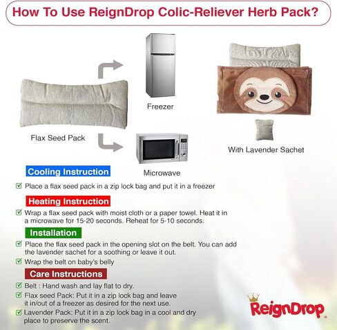 ReignDrop تخفيف المغص لحديثي الولادة - مجموعة تخفيف الغازات مع حزام البطن، حزمة جل، حقيبة تخزين - حزام بطن الطفل المهدئ الدافئ أو البارد (عبوة جل الحمل) in Kuwait