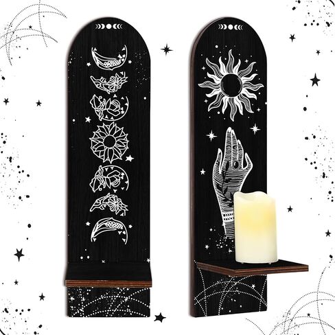 Set of 2 Boho Candle Holder Stand, Wooden Sconces Wall Decor Magical Boho Hand Floral Moon Phase Sign Rustic Spooky Gothic Candle Holder for Home in Saudi Arabia