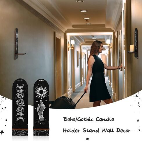 Set of 2 Boho Candle Holder Stand, Wooden Sconces Wall Decor Magical Boho Hand Floral Moon Phase Sign Rustic Spooky Gothic Candle Holder for Home in Saudi Arabia