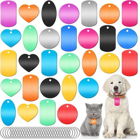 بطاقات تعريف فارغة للحيوانات الاليفة من 30 قطعة من الالومنيوم مع حلقة للحرف اليدوية مع فتحة للحيوانات الاليفة والكلاب والقطط ورقم الهاتف (دائرية، مستطيلة، بيضاوية، قلب) in Kuwait