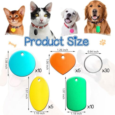 بطاقات تعريف فارغة للحيوانات الاليفة من 30 قطعة من الالومنيوم مع حلقة للحرف اليدوية مع فتحة للحيوانات الاليفة والكلاب والقطط ورقم الهاتف (دائرية، مستطيلة، بيضاوية، قلب) in Kuwait