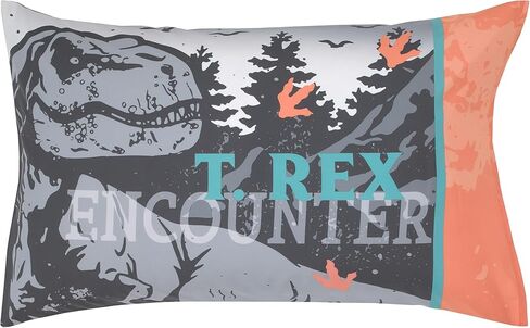 Universal Jurassic World Into The Wild Gray، أبيض، برتقالي، وأكوا تي. طقم سرير أطفال مكون من 4 قطع من T. Rex - لحاف، ملاءة سفلية مثبتة، ملاءة علوية مسطحة وكيس وسادة قابل للعكس in Kuwait