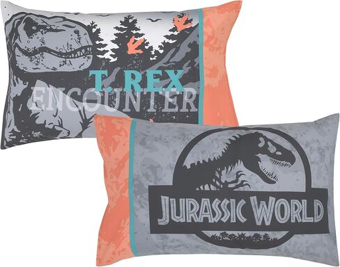 Universal Jurassic World Into The Wild Gray، أبيض، برتقالي، وأكوا تي. طقم سرير أطفال مكون من 4 قطع من T. Rex - لحاف، ملاءة سفلية مثبتة، ملاءة علوية مسطحة وكيس وسادة قابل للعكس in Kuwait