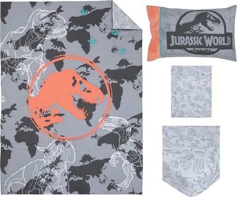Universal Jurassic World Into The Wild Gray، أبيض، برتقالي، وأكوا تي. طقم سرير أطفال مكون من 4 قطع من T. Rex - لحاف، ملاءة سفلية مثبتة، ملاءة علوية مسطحة وكيس وسادة قابل للعكس in Kuwait