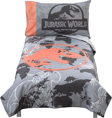 Universal Jurassic World Into The Wild Gray، أبيض، برتقالي، وأكوا تي. طقم سرير أطفال مكون من 4 قطع من T. Rex - لحاف، ملاءة سفلية مثبتة، ملاءة علوية مسطحة وكيس وسادة قابل للعكس in Kuwait