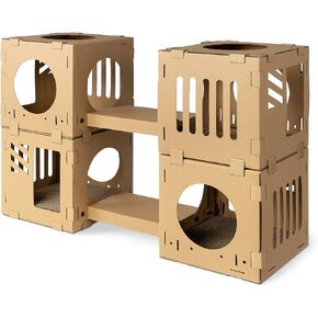 Navaris Modular Cardboard Cat House - DIY Corrugated Cardboard Configurable Play Tower Condo for Small Cats, Kittens, Rabbits - 3 Cubes