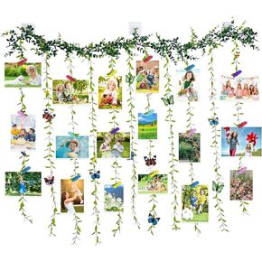 Otoevin عرض الصور المعلقة ديكور الحائط، حبل القنب الاصطناعي شجرة الكرمة نبات DIY مجموعة إطار الصورة مع 40 مشبكًا ملونًا و8 ديكور فراشة، 39.3 × 31.5 بوصة