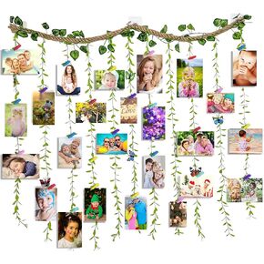Wall Hanging Photo Display with Clip，Artificial Eucalyptus Vine Tree Leaf DIY Picture Photo Frame Collage Set with 40 Clips and 8 Butterfly Decor，for Home Office nursery Dorm,39.3x31.5