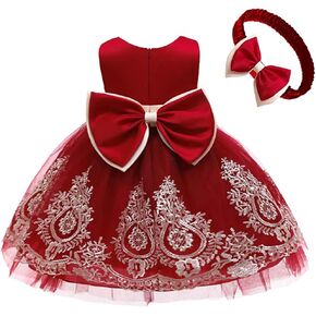 AVAZU 0-6T Big Bowknot Pageant Lace Embroidery Dress Toddler Baby Girls Party Tutu Gown Dresses with Headwear