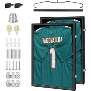 Jersey Frame Display Case Wood Display Case Shadow Box Extra Large Frame 32’’ x 24’’ with Locks, Hangers, Velvet Pinboard, and Wall Mount for Jersey and Uniform (Set of 1)
