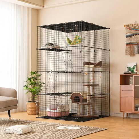 قفص قطط كبير من Whimsicalfox للقطط الداخلية، قفص لعب للقطط DIY، قفص بيوت أسلاك معدنية متينة من 4 طبقات، بيت لعب مثالي للقطط لتمرين القطط، 72 بوصة × 42 بوصة × 42 بوصة، أسود in Kuwait