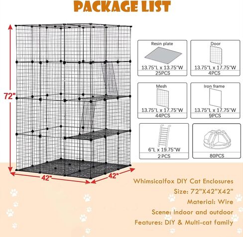 قفص قطط كبير من Whimsicalfox للقطط الداخلية، قفص لعب للقطط DIY، قفص بيوت أسلاك معدنية متينة من 4 طبقات، بيت لعب مثالي للقطط لتمرين القطط، 72 بوصة × 42 بوصة × 42 بوصة، أسود in Kuwait