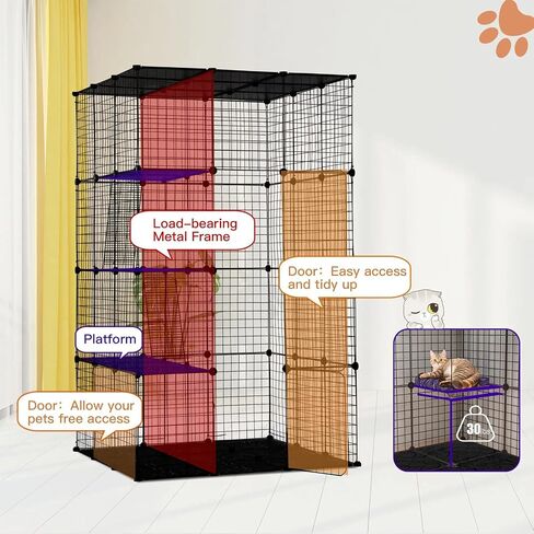قفص قطط كبير من Whimsicalfox للقطط الداخلية، قفص لعب للقطط DIY، قفص بيوت أسلاك معدنية متينة من 4 طبقات، بيت لعب مثالي للقطط لتمرين القطط، 72 بوصة × 42 بوصة × 42 بوصة، أسود in Kuwait