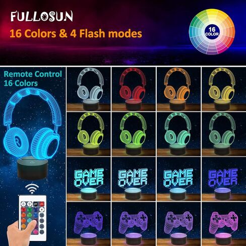 فولوسن مصباح بكسل جيم اوفر الوهمي، ضوء ليلي ثلاثي الابعاد (3 انماط) مع جهاز تحكم عن بعد و16 لون متغير لغرفة الالعاب وسماعة راس ديكور افضل هدية للاعبين in Kuwait